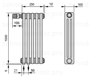 Схема (чертеж) Радиатор Zehnder Charleston 3100/5 №V001 Белый глянцевый RAL 9016